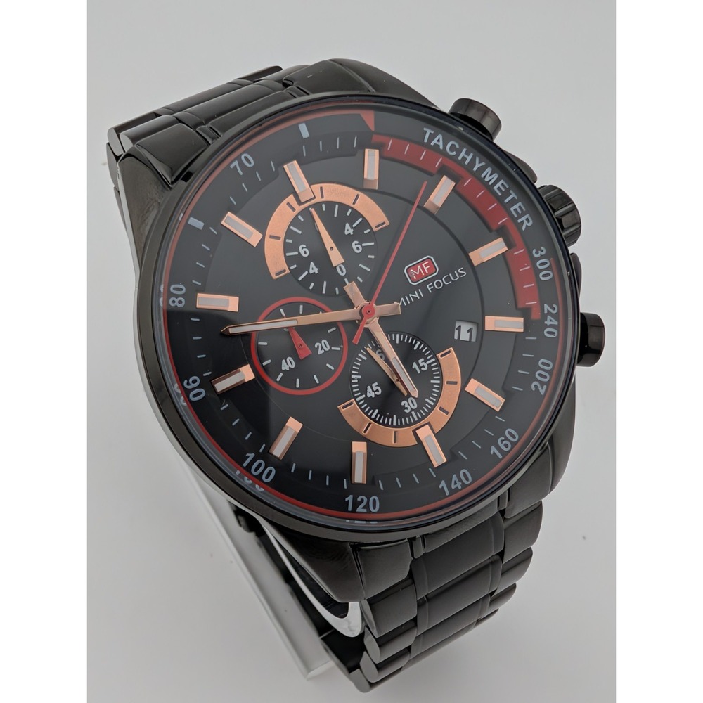 Mini Focus‎ Watch Chronograph Men 46mm Case Black 8" Band- New Battery
